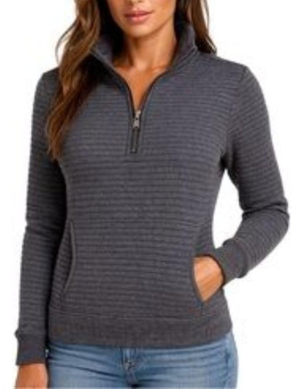 Athleta Ottoman ribbed quarter zip pullover sweatshirt gray athleisure stretch M